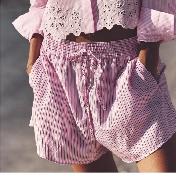 Zara NWT Pink Striped poplin Women's Shorts with Drawstrings- midrise- size S - Picture 2 of 8